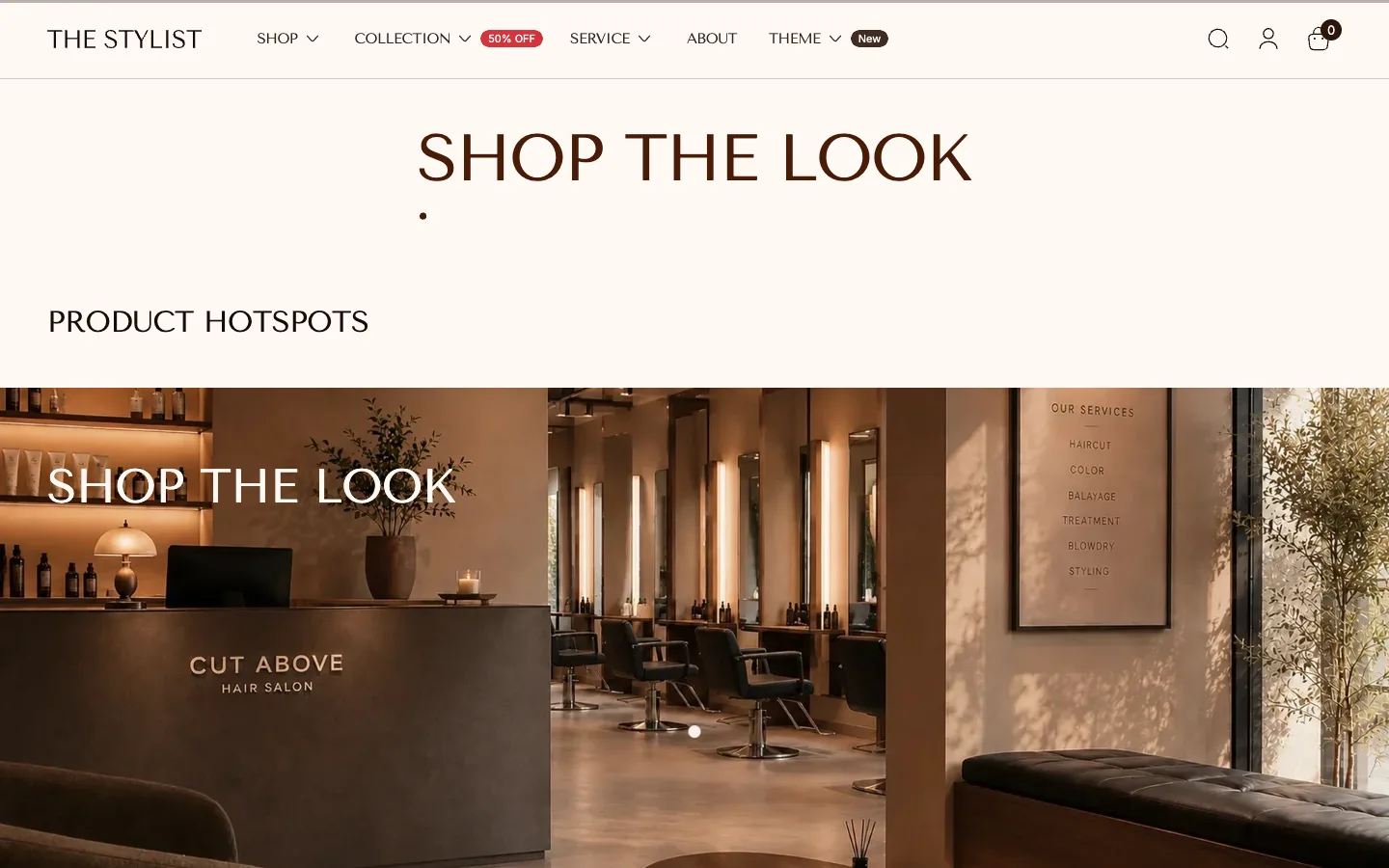 The Shop the look page of the Stylist demo store, with a Product hotspots section over a salon photo