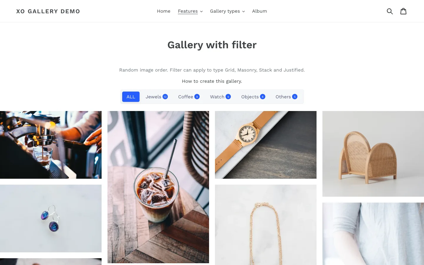 XO Gallery demo store page with a filter bar for Jewels, Coffee, Watch, Objects and Others above a masonry gallery