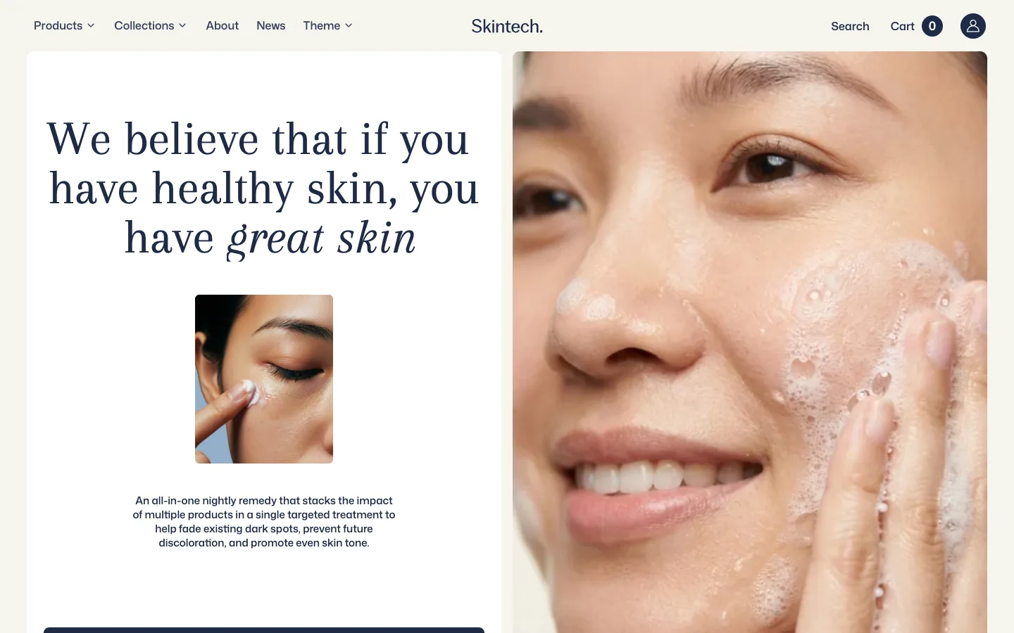 Beautech preset demo store home page with a skincare headline next to a close-up of a face being washed