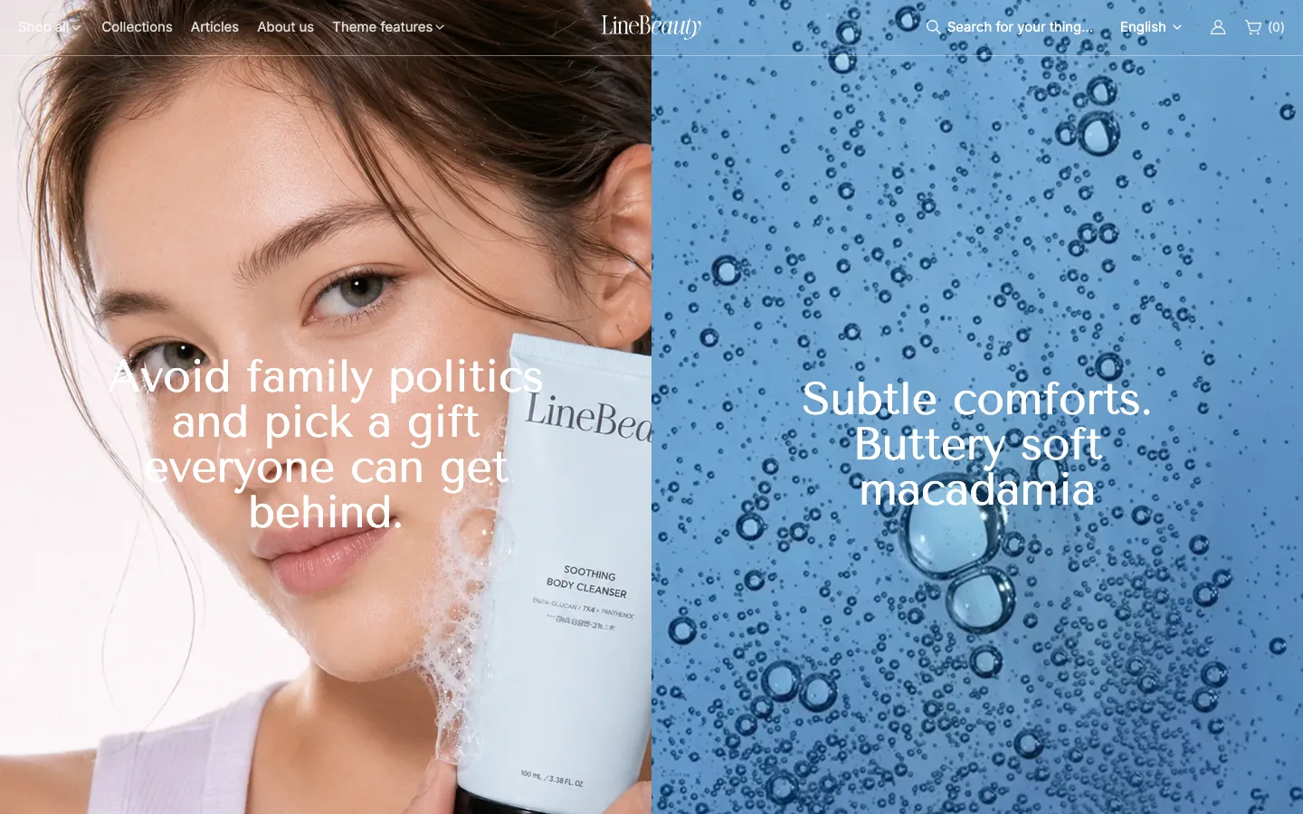 Line preset demo store home page with a split hero: a model holding a body cleanser and a blue water texture