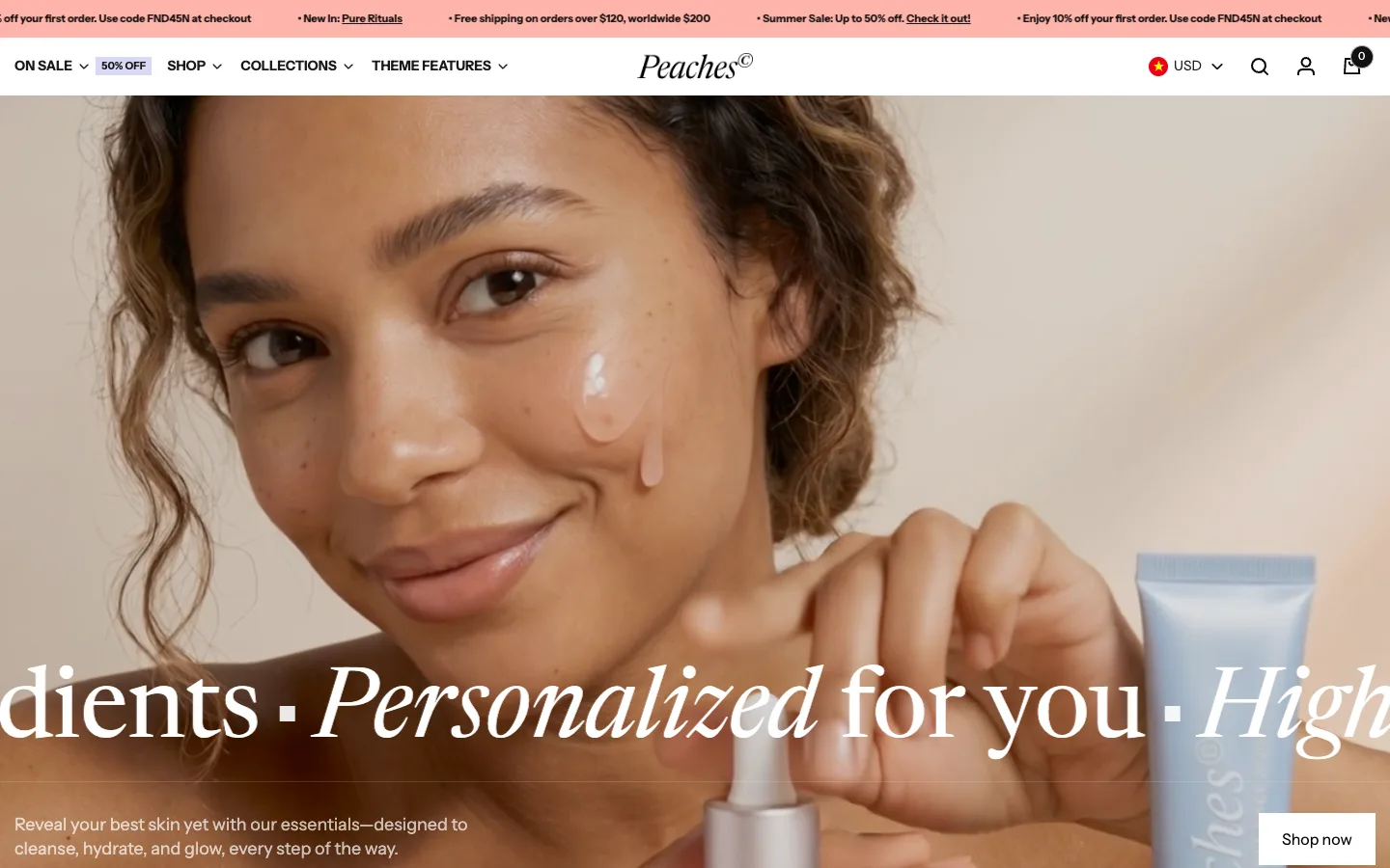 Peaches preset demo store home page with an announcement bar and a model holding a skincare tube