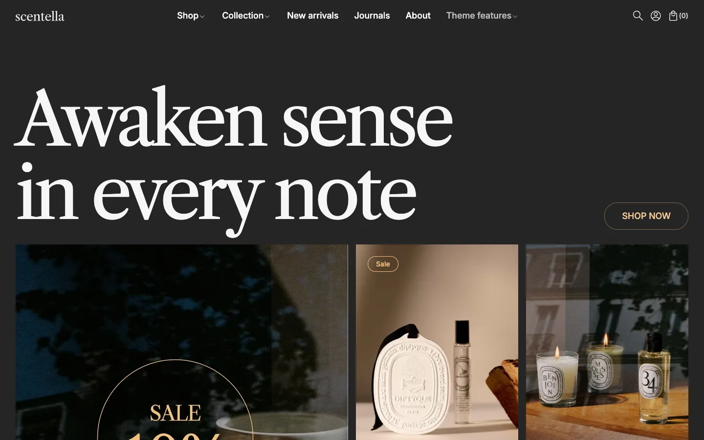 Scentella preset demo store home page with a large serif headline above fragrance and candle photos
