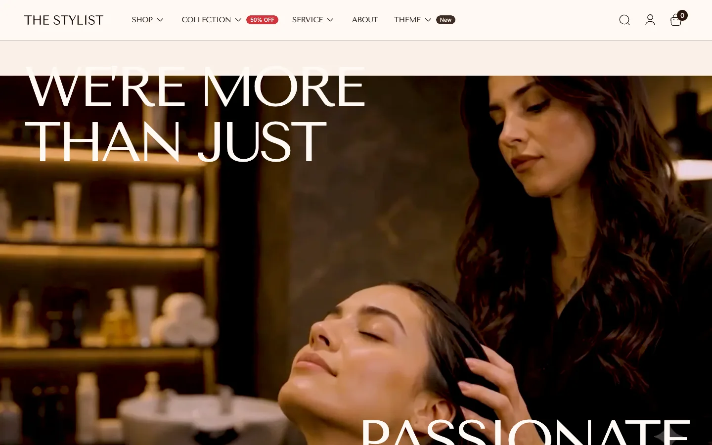 Stylist preset demo store home page with a salon photo of a stylist washing a client's hair